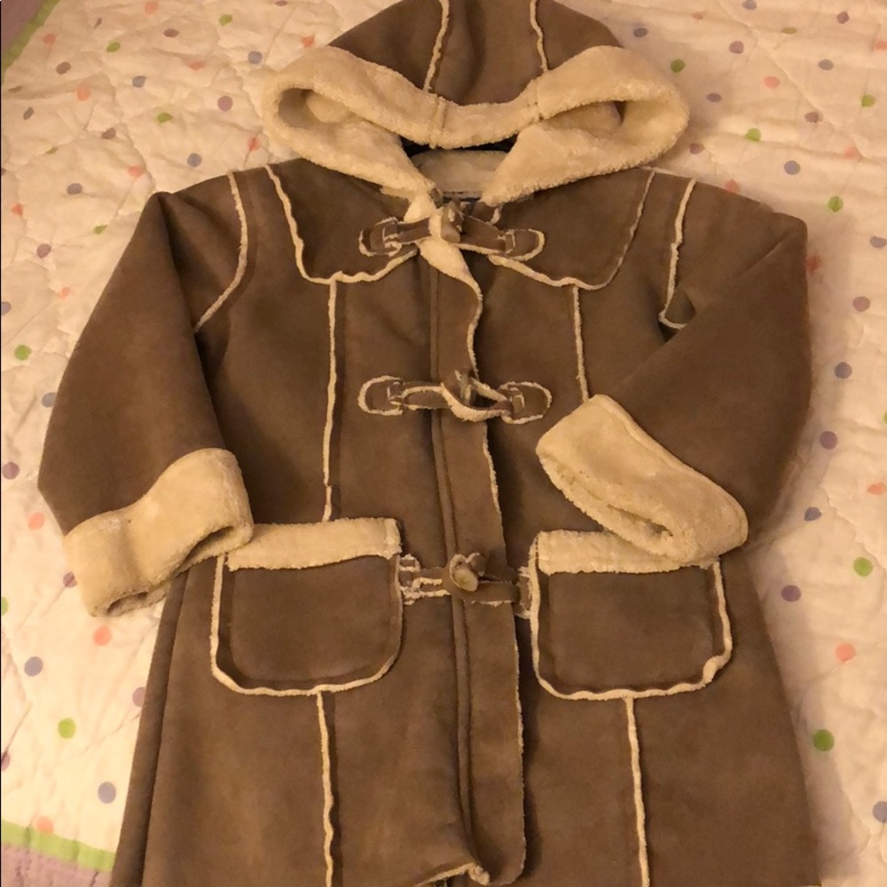 Ivory and tan faux suede coat with hood.